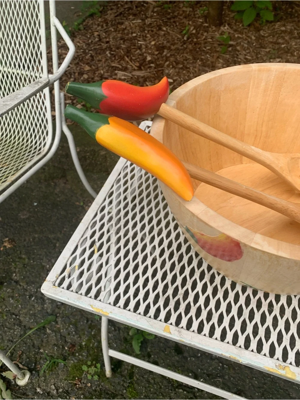 Clay Art Wooden Salad Bowl Colorful Chili Pepper Handles Serving Set Kitchen